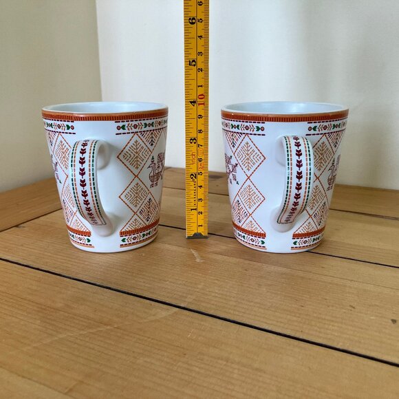 Scandinavian Folk Art Ceramic Mugs Set of 2 Vintage Ethnic Print Design - Picture 2 of 7